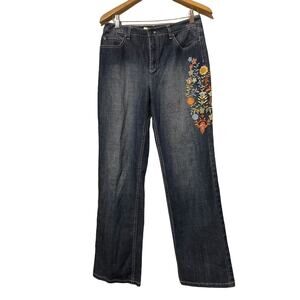 Talbots Women's Size 8 Jeans Stretch Designer Blue Floral Denim Embroidered